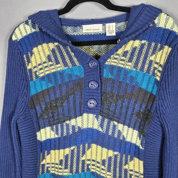 DKNY Jeans Sweater Womens L Blue Wool Blend Hooded Henley Geometric Knit Y2K VTG - Picture 2 of 9